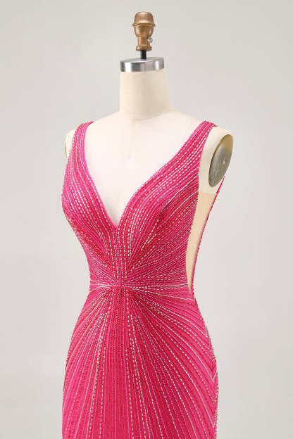 Sparkly Fuchsia Beaded Depp V Neck Short Bodycon Cocktail Dress