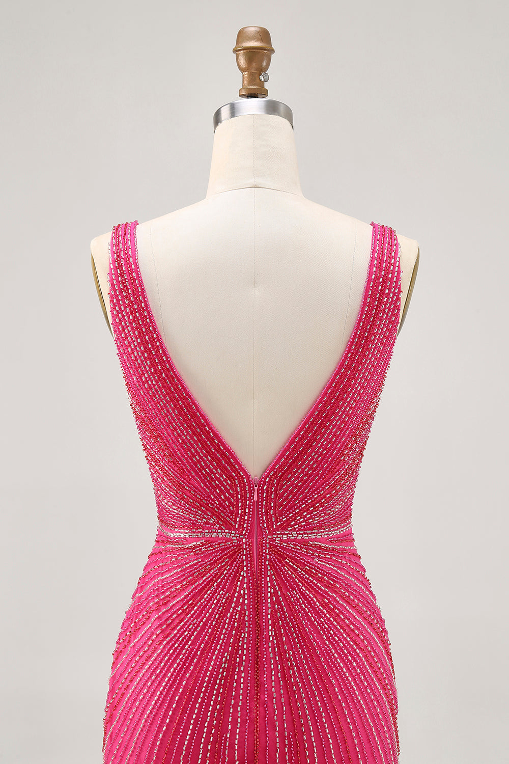 Sparkly Fuchsia Beaded Depp V Neck Short Bodycon Cocktail Dress