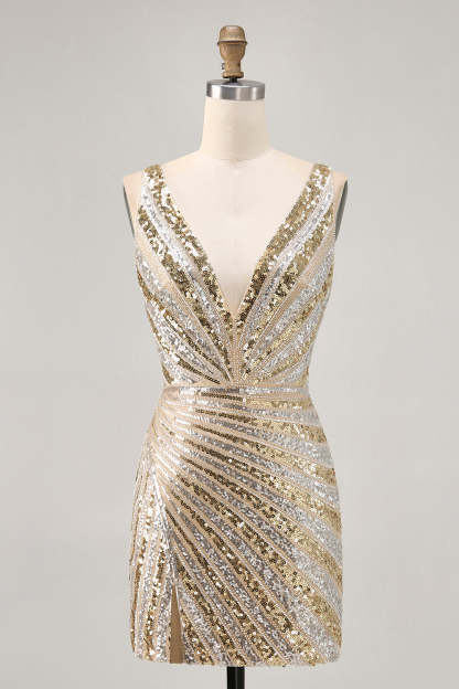 Sparkly Golden V Neck Short Tight Cocktail Dress With Beading