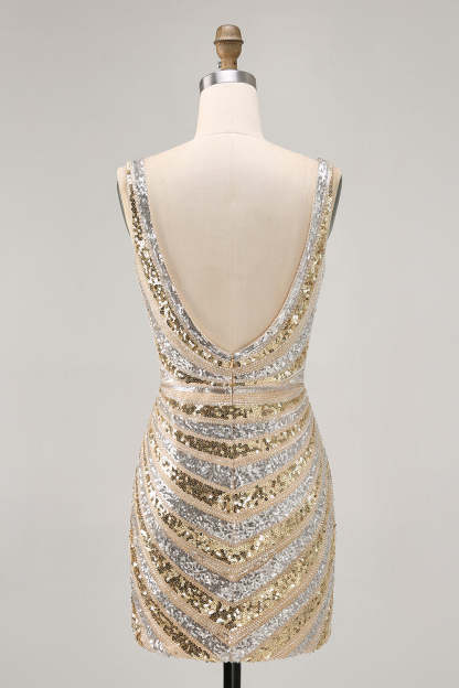 Sparkly Golden V Neck Short Tight Cocktail Dress With Beading