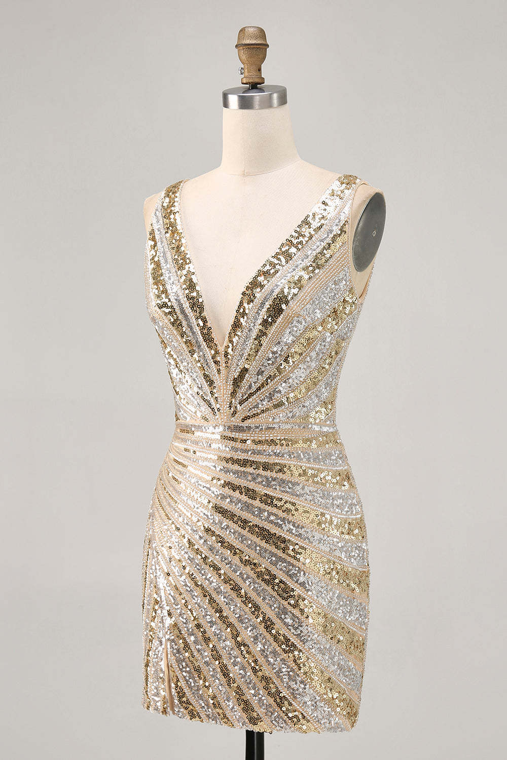 Sparkly Golden V Neck Short Tight Cocktail Dress With Beading