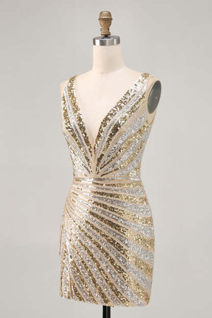 Sparkly Golden V Neck Short Tight Cocktail Dress With Beading