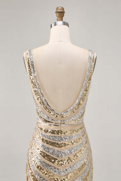 Sparkly Golden V Neck Short Tight Cocktail Dress With Beading