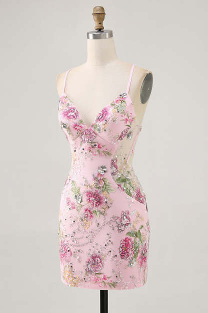 Sparkly Black Floral Short Tight Cocktail Dress With Beading
