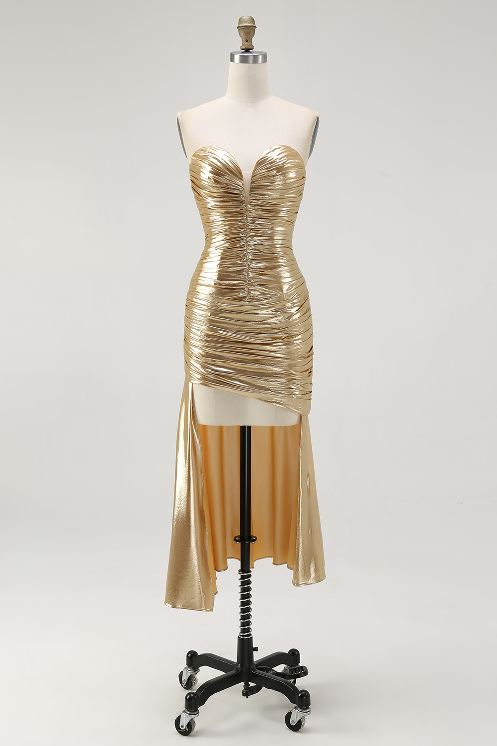 Sparkly Gold Metallic Sweetheart Ruched High Low Cocktail Dress