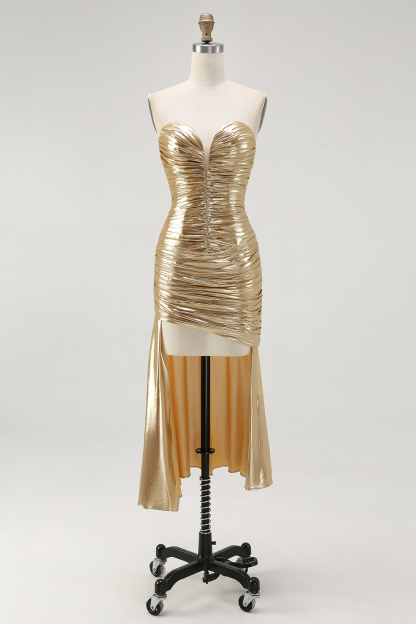 Sparkly Gold Metallic Sweetheart Ruched High Low Cocktail Dress