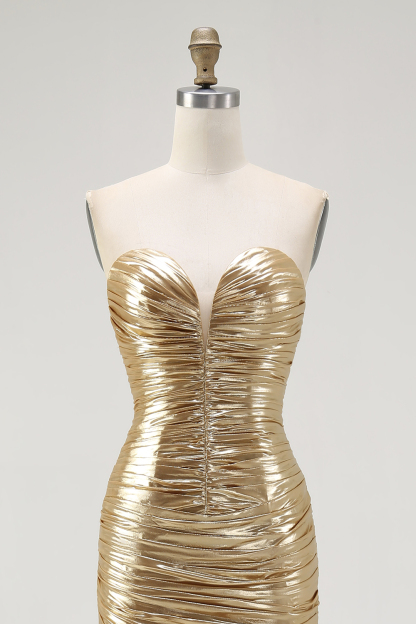 Sparkly Gold Metallic Sweetheart Ruched High Low Cocktail Dress