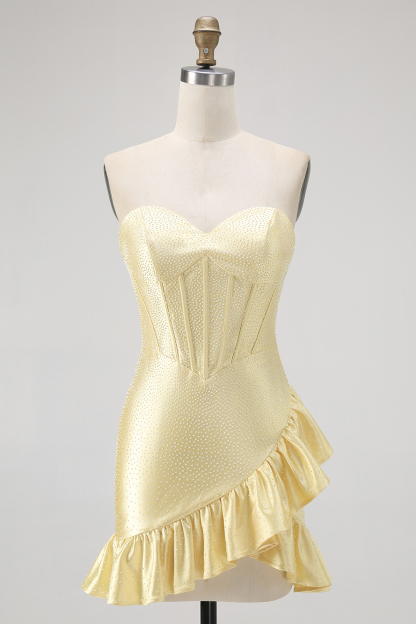 Sparkly Yellow Bodycon Short Corset Cocktail Dress With Beading