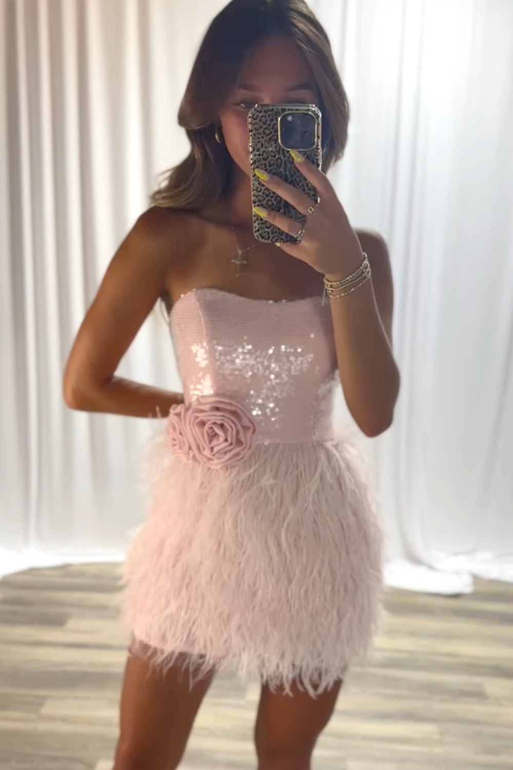 Sparkly Pink Bodycon Strapless Short Cocktail Dress With Feathers