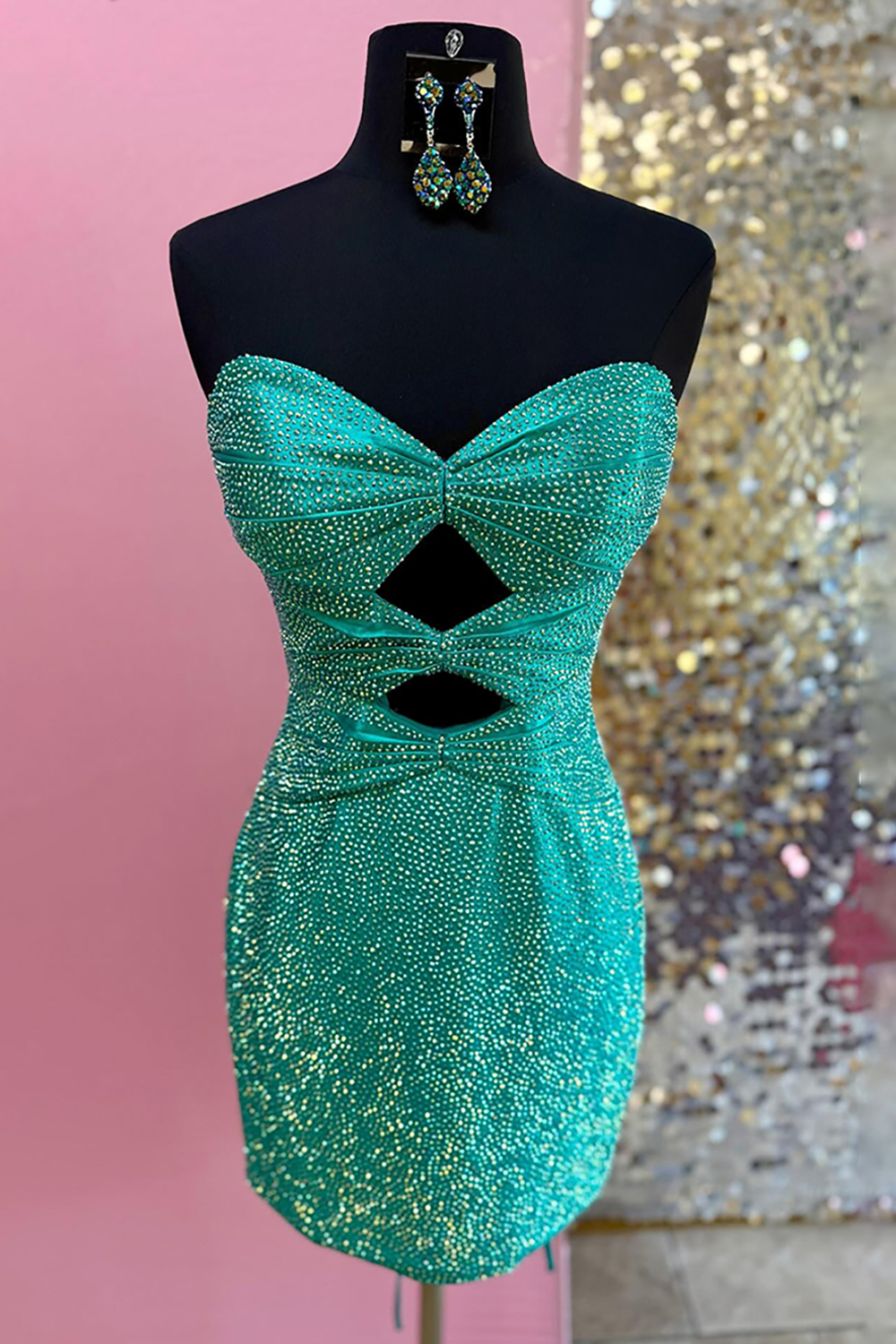 Sparkly Dark Green Beaded Cut Out Bodycon Short Cocktail Dress