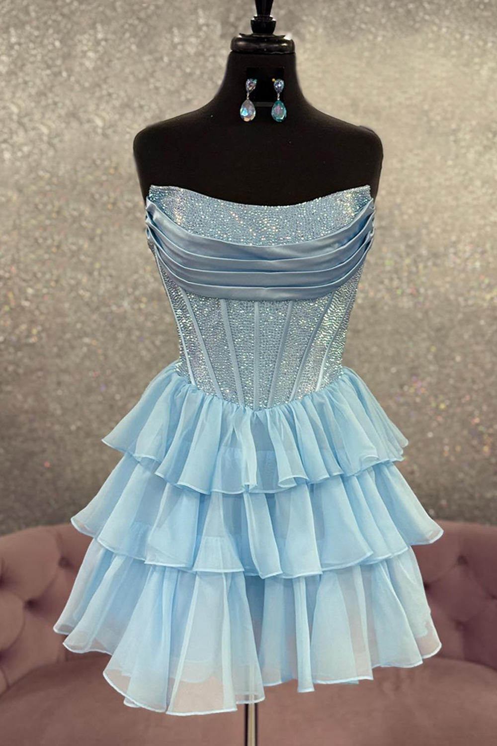 Sparkly Yellow Corset A Line Short Beaded Cocktail Dress With Ruffles