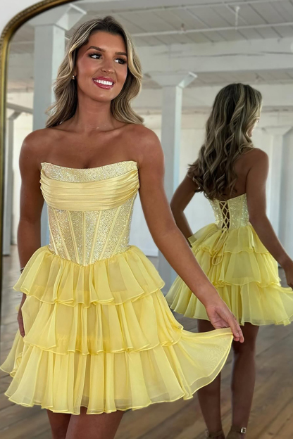 Sparkly Yellow Corset A Line Short Beaded Cocktail Dress With Ruffles