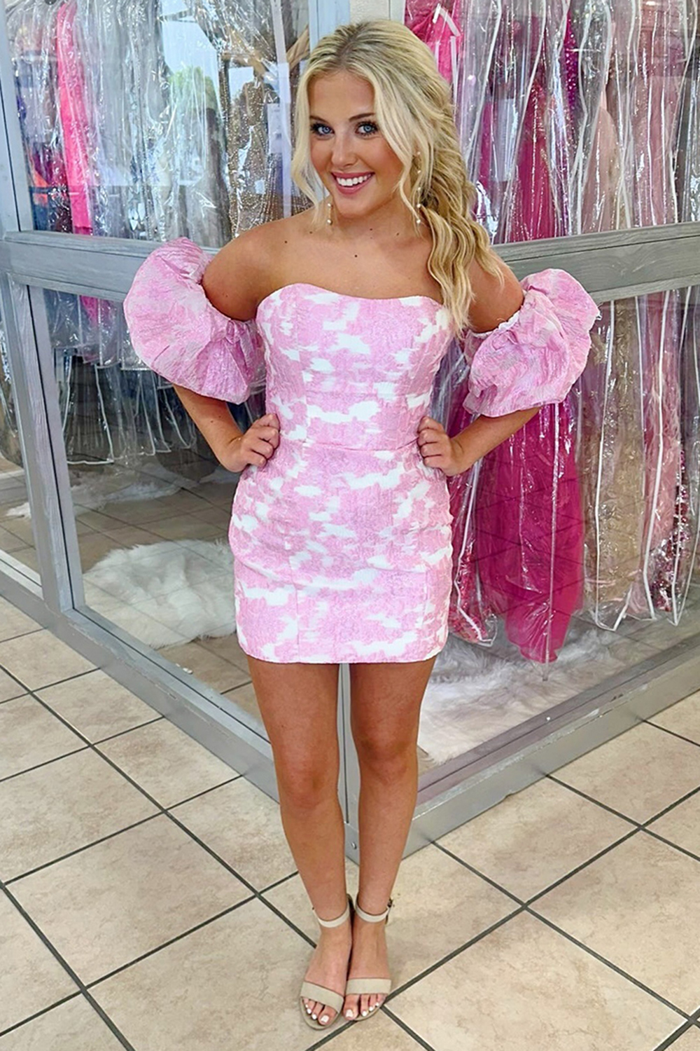 Floral Pink Tight Strapless Short Cocktail Dress With Sleeves