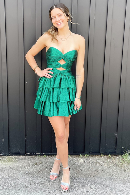 Sparkly Red Satin A Line Tiered Short Cocktail Dress With Beading