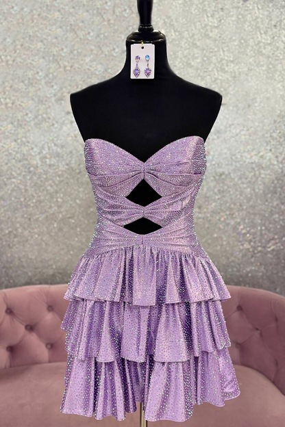 Sparkly Red Satin A Line Tiered Short Cocktail Dress With Beading