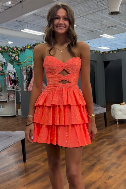 Sparkly Red Satin A Line Tiered Short Cocktail Dress With Beading