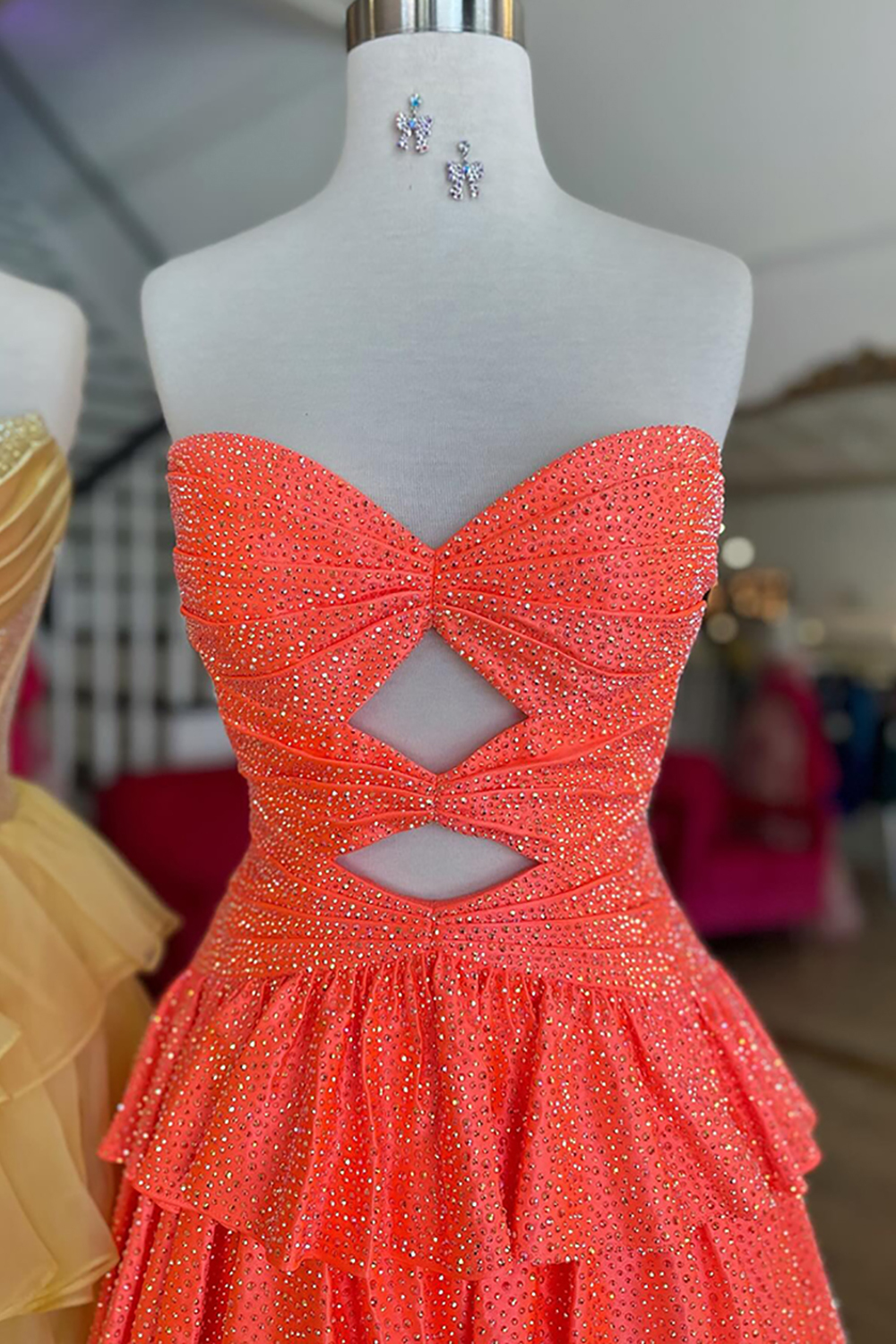 Sparkly Red Satin A Line Tiered Short Cocktail Dress With Beading