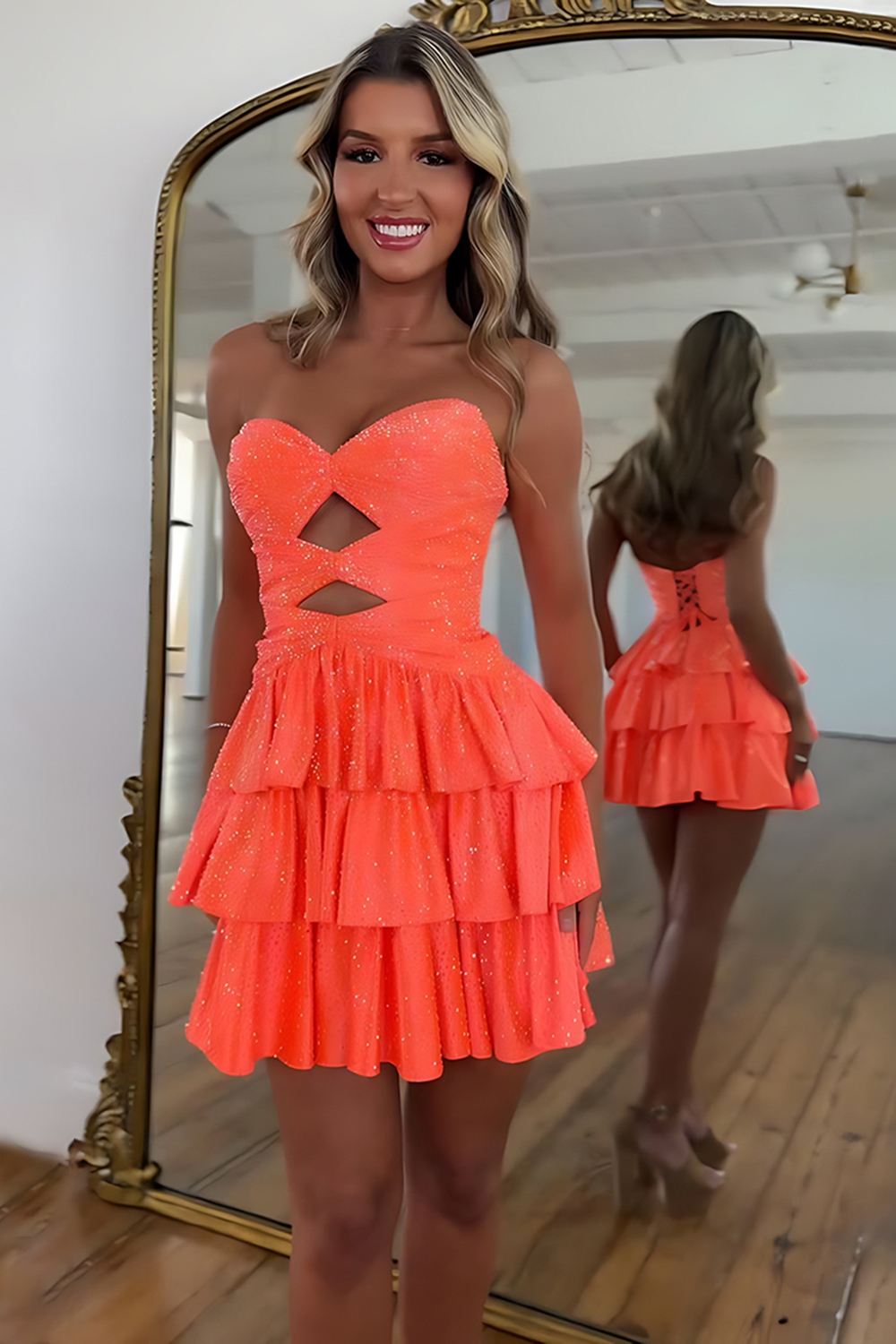 Sparkly Red Satin A Line Tiered Short Cocktail Dress With Beading