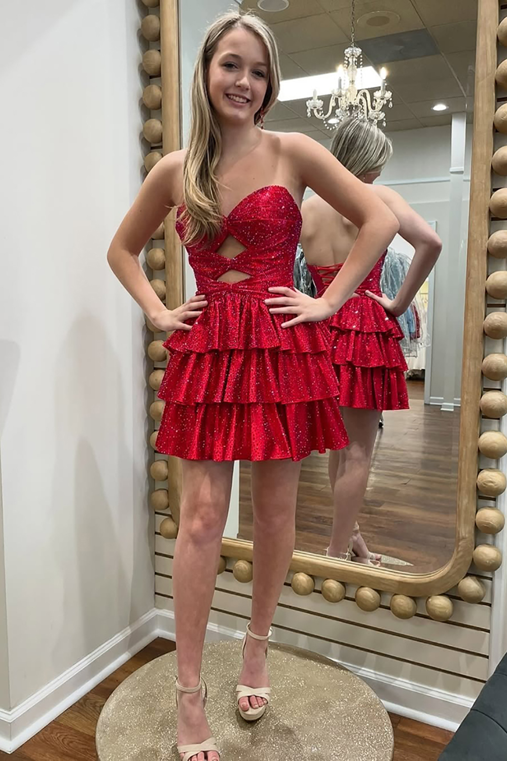 Sparkly Red Satin A Line Tiered Short Cocktail Dress With Beading