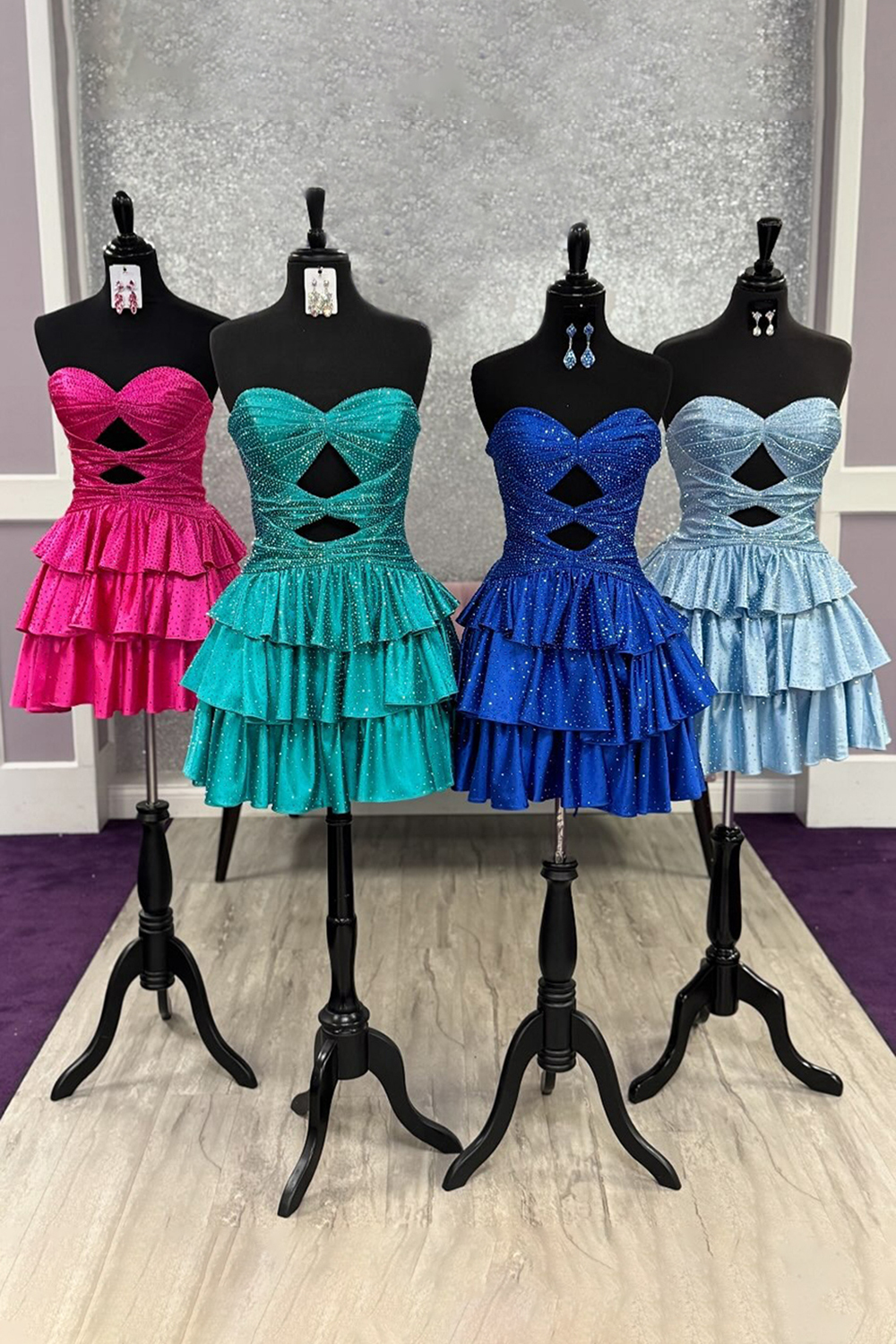 Sparkly Red Satin A Line Tiered Short Cocktail Dress With Beading