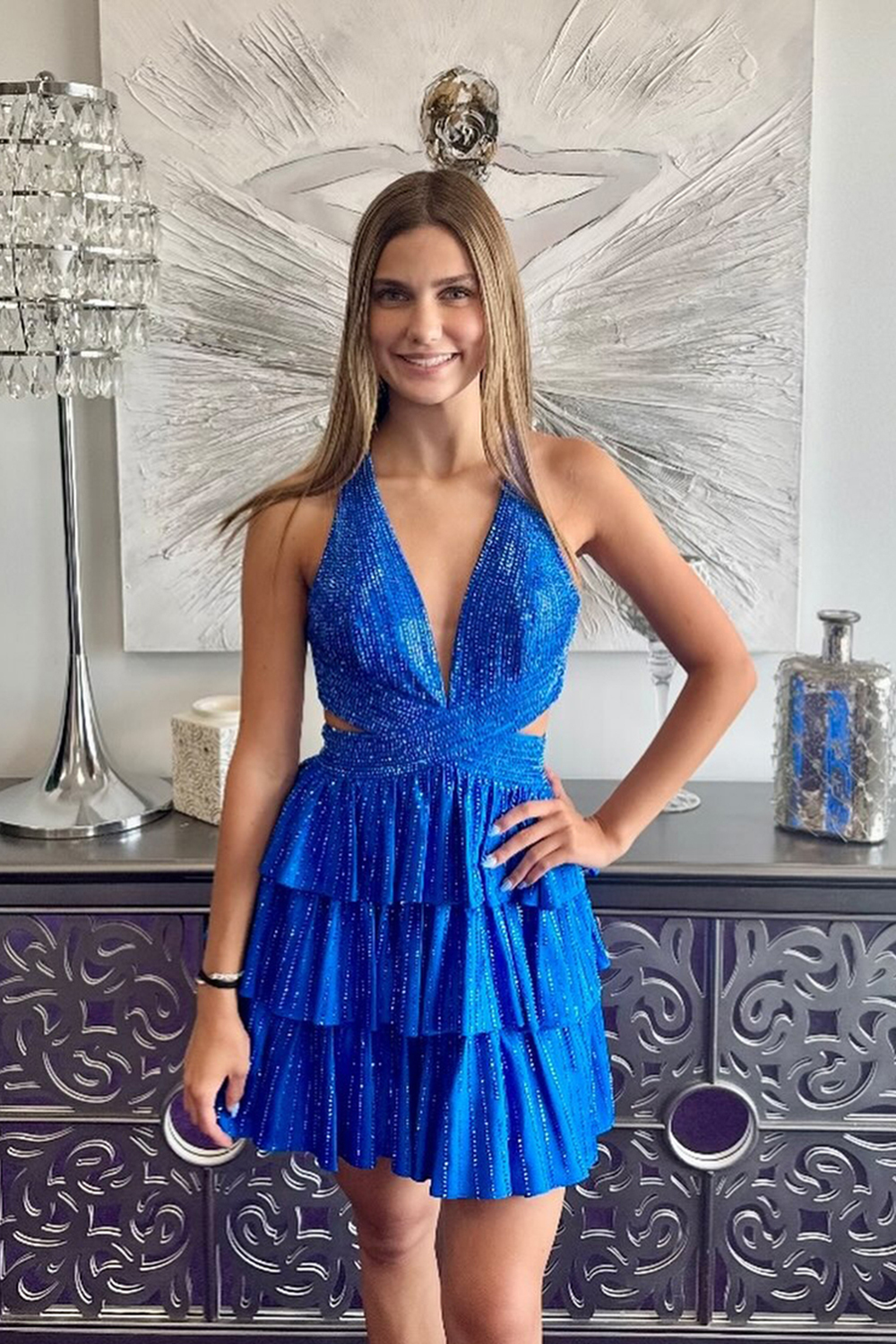 Sparkly Black A Line Short Beaded Cocktail Dress With Ruffles