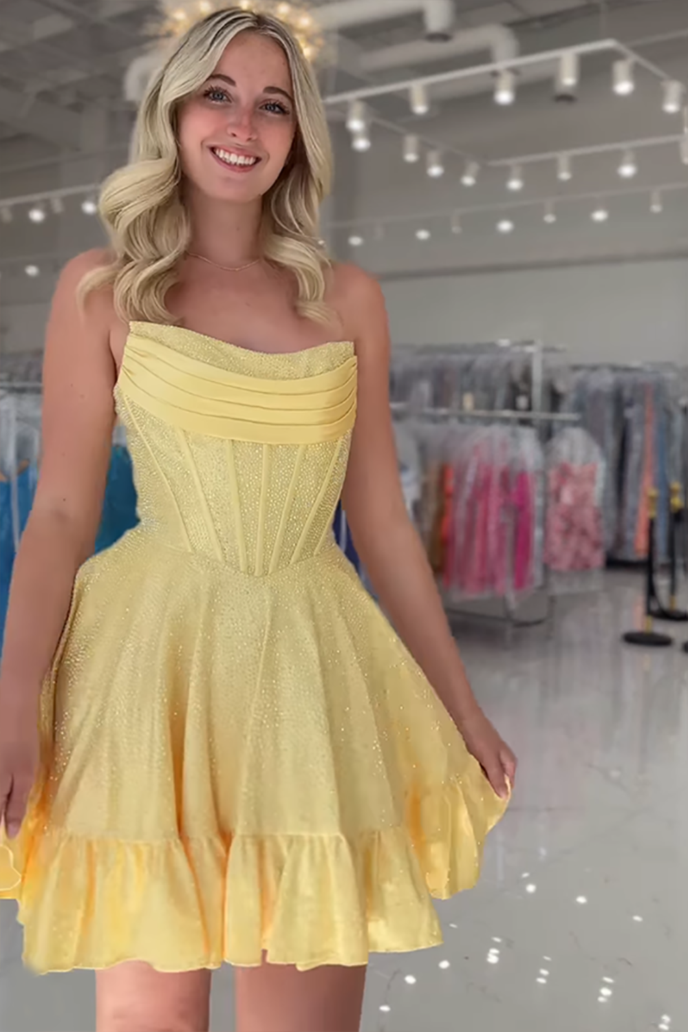 Sparkly Yellow Strapless Satin Beaded Short Corset Cocktail Dress