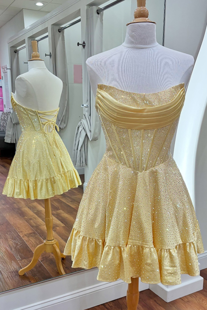 Sparkly Yellow Strapless Satin Beaded Short Corset Cocktail Dress