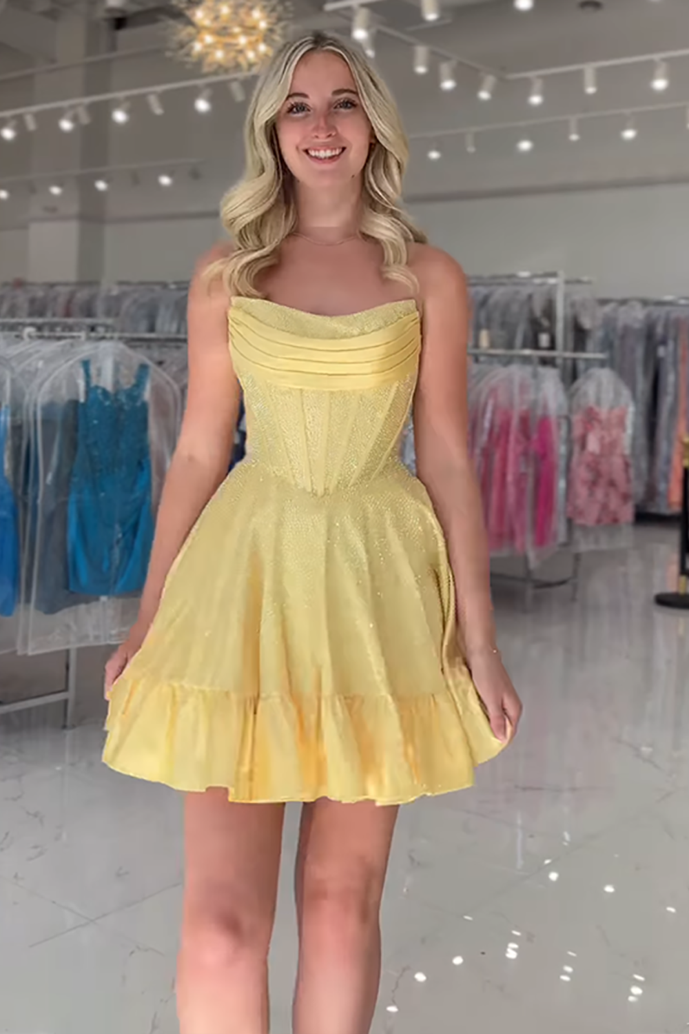 Sparkly Yellow Strapless Satin Beaded Short Corset Cocktail Dress