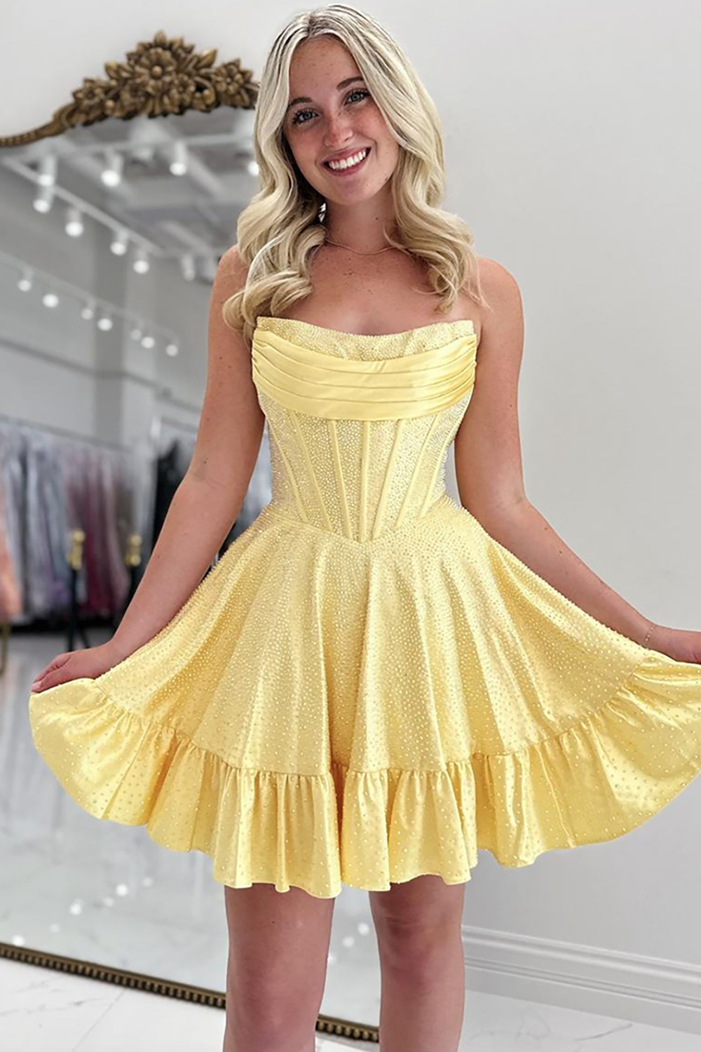 Sparkly Yellow Strapless Satin Beaded Short Corset Cocktail Dress