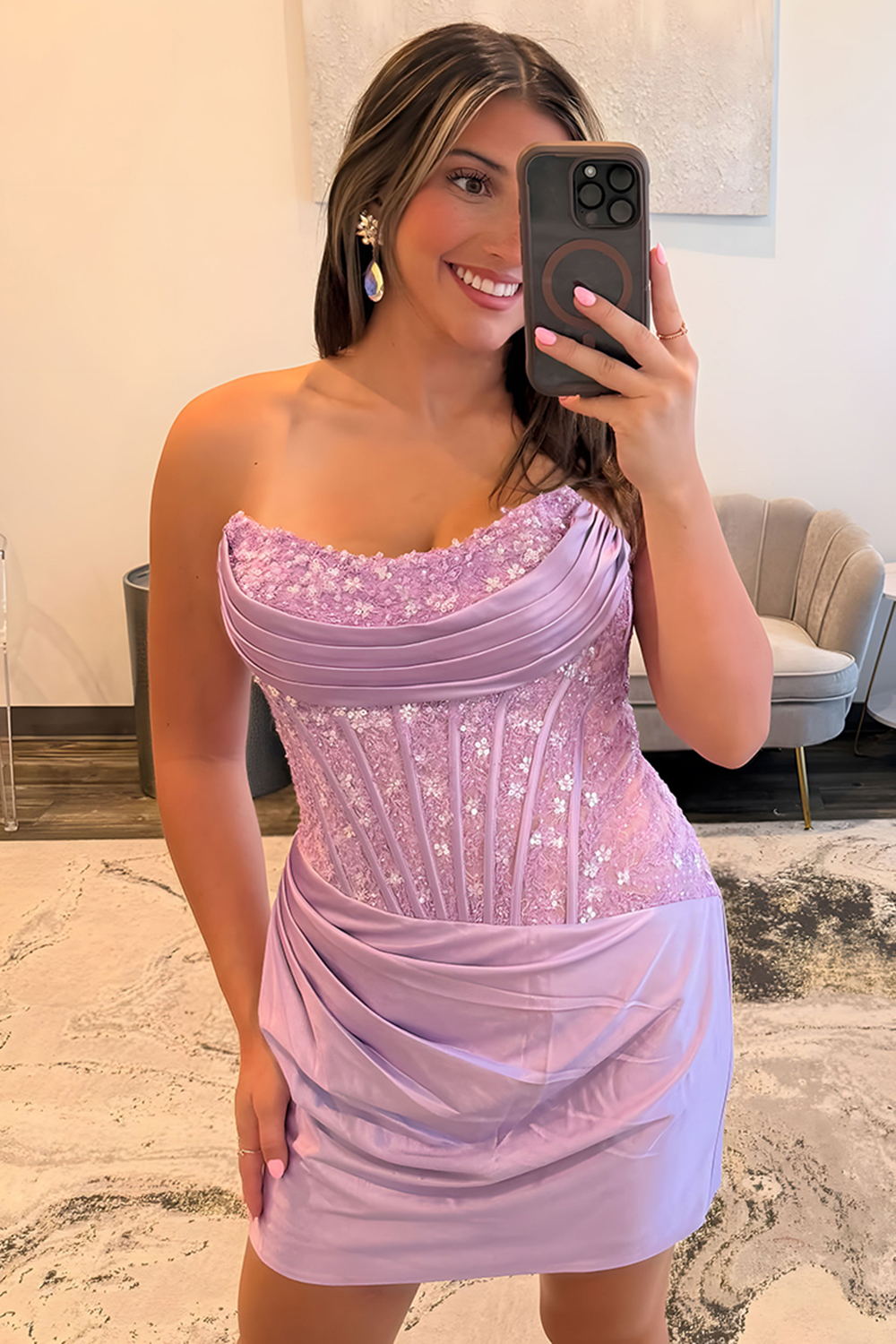 Sparkly Black Satin Bodycon Short Corset Cocktail Dress With Lace