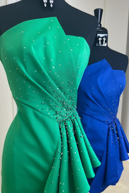Sparkly Green Satin Tight Short Ruffled Cocktail Dress With Beading