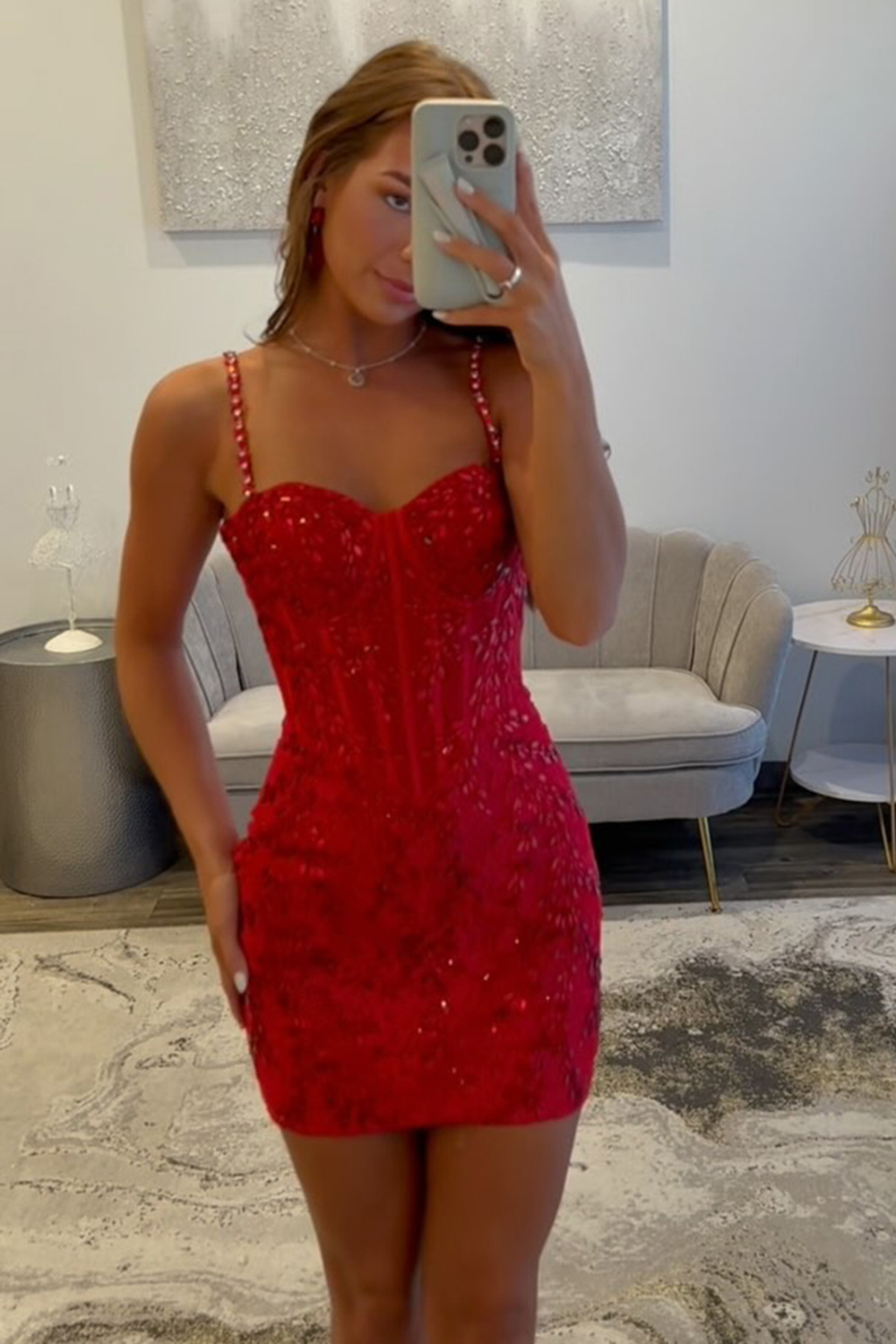 Sparkly Red Bodycon Short Corset Cocktail Dress With Beading 1