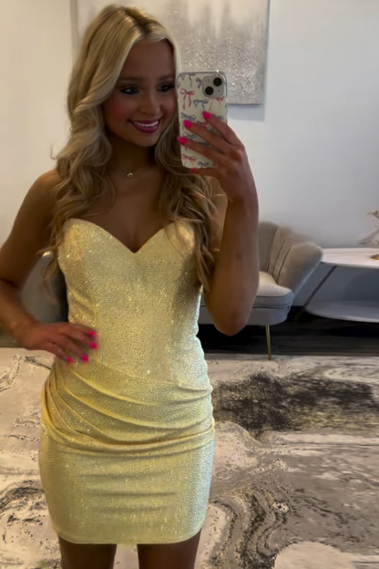 Sparkly Yellow Ruched Short Bodycon Cocktail Dress With Beading