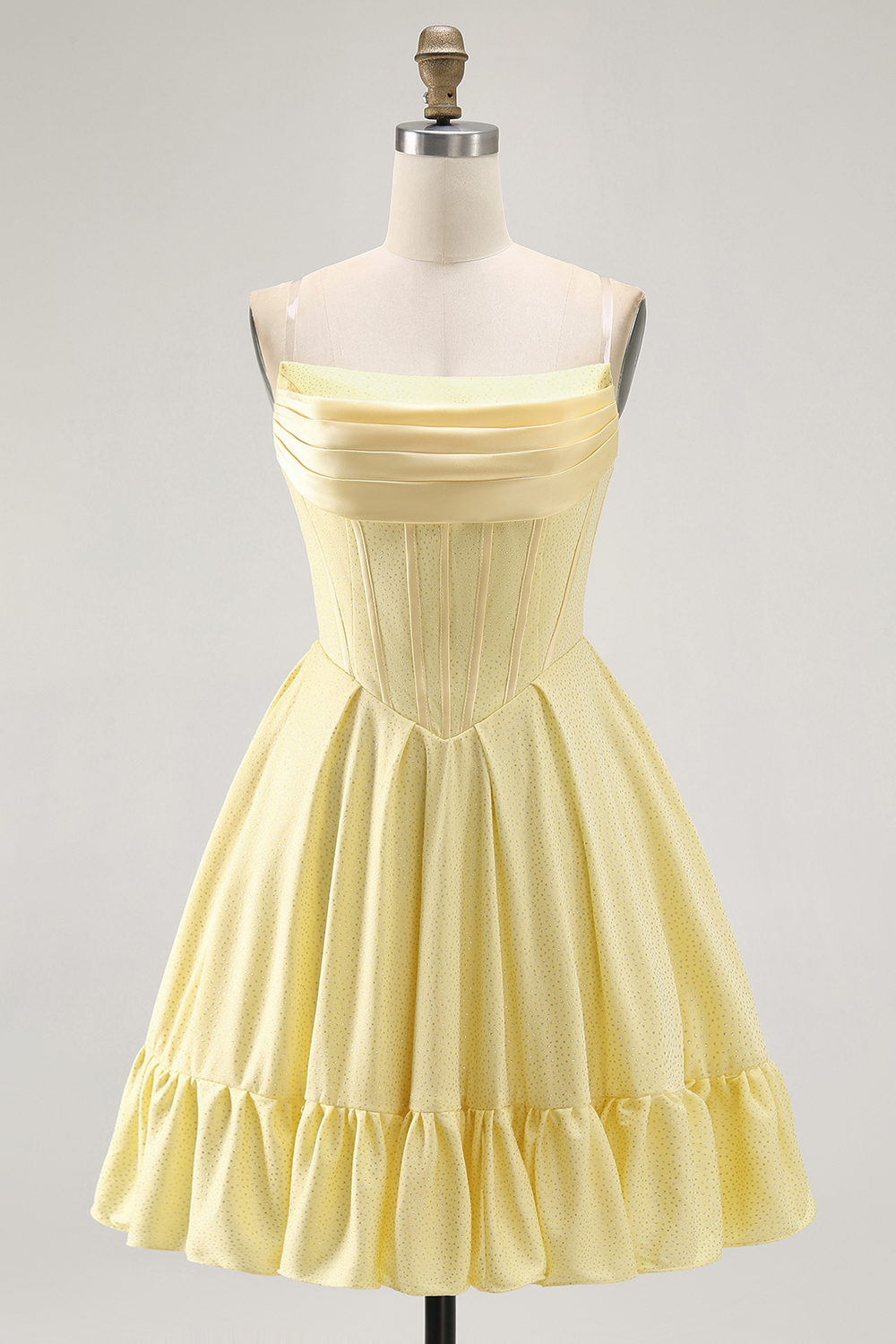 Sparkly Yellow Strapless Satin Beaded Short Corset Cocktail Dress