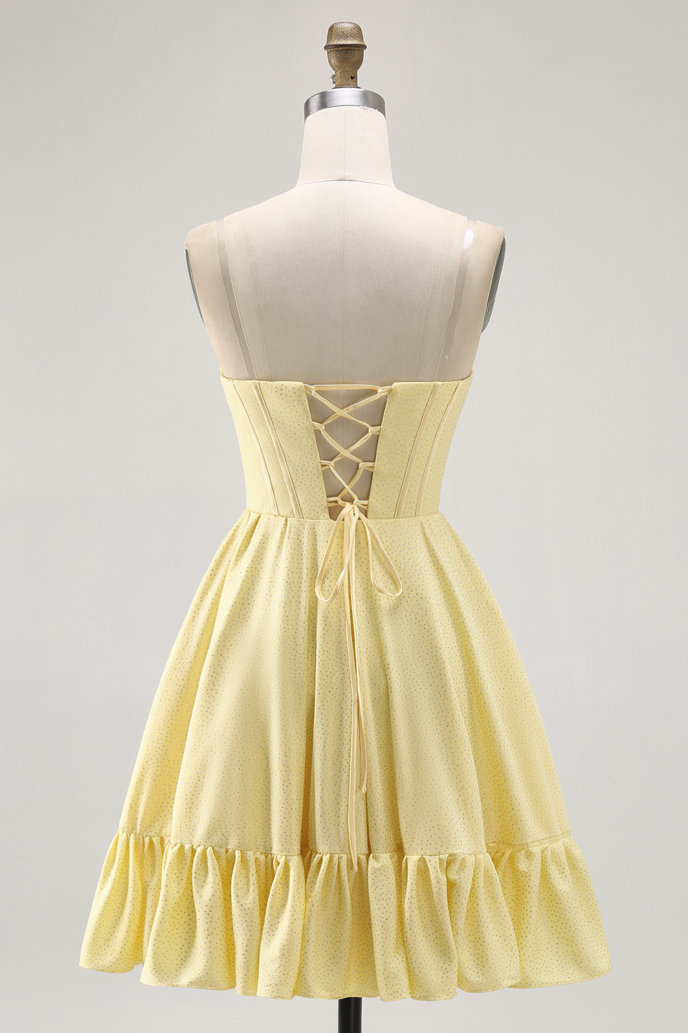 Sparkly Yellow Strapless Satin Beaded Short Corset Cocktail Dress