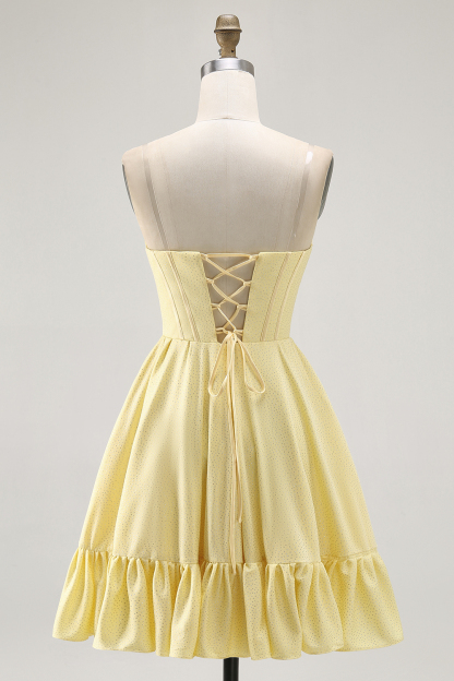 Sparkly Yellow Strapless Satin Beaded Short Corset Cocktail Dress