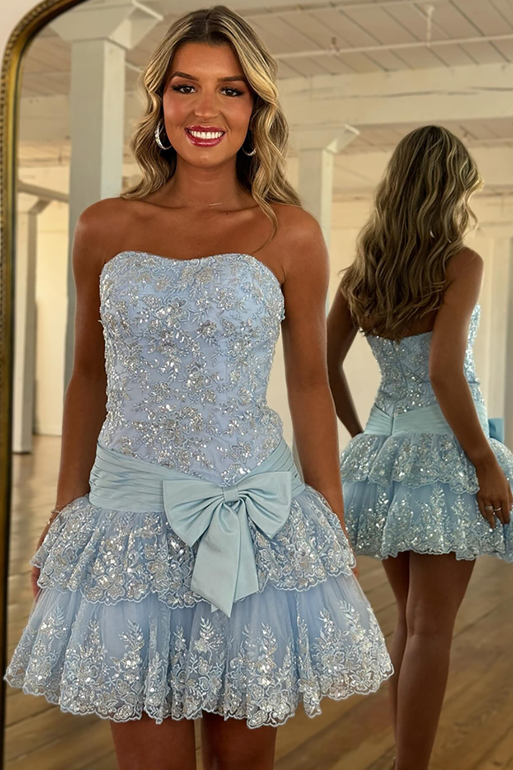 Sparkly Pink Strapless Tiered Short Lace Cocktail Dress With Bow