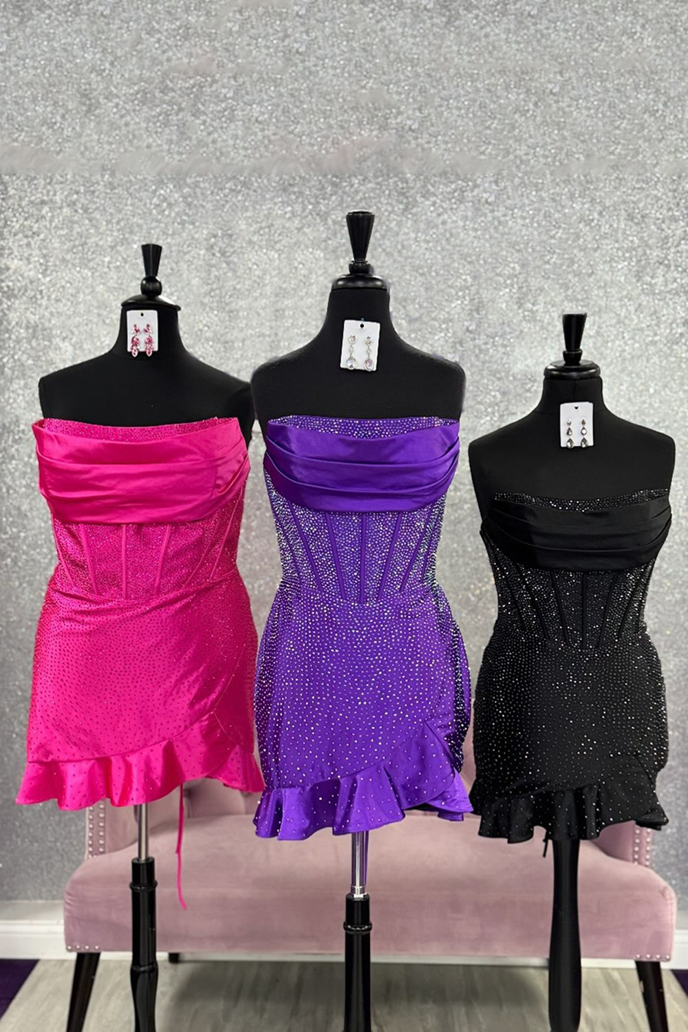 Sparkly Fuchsia Tight Strapless Short Corset Cocktail Dress With Beading