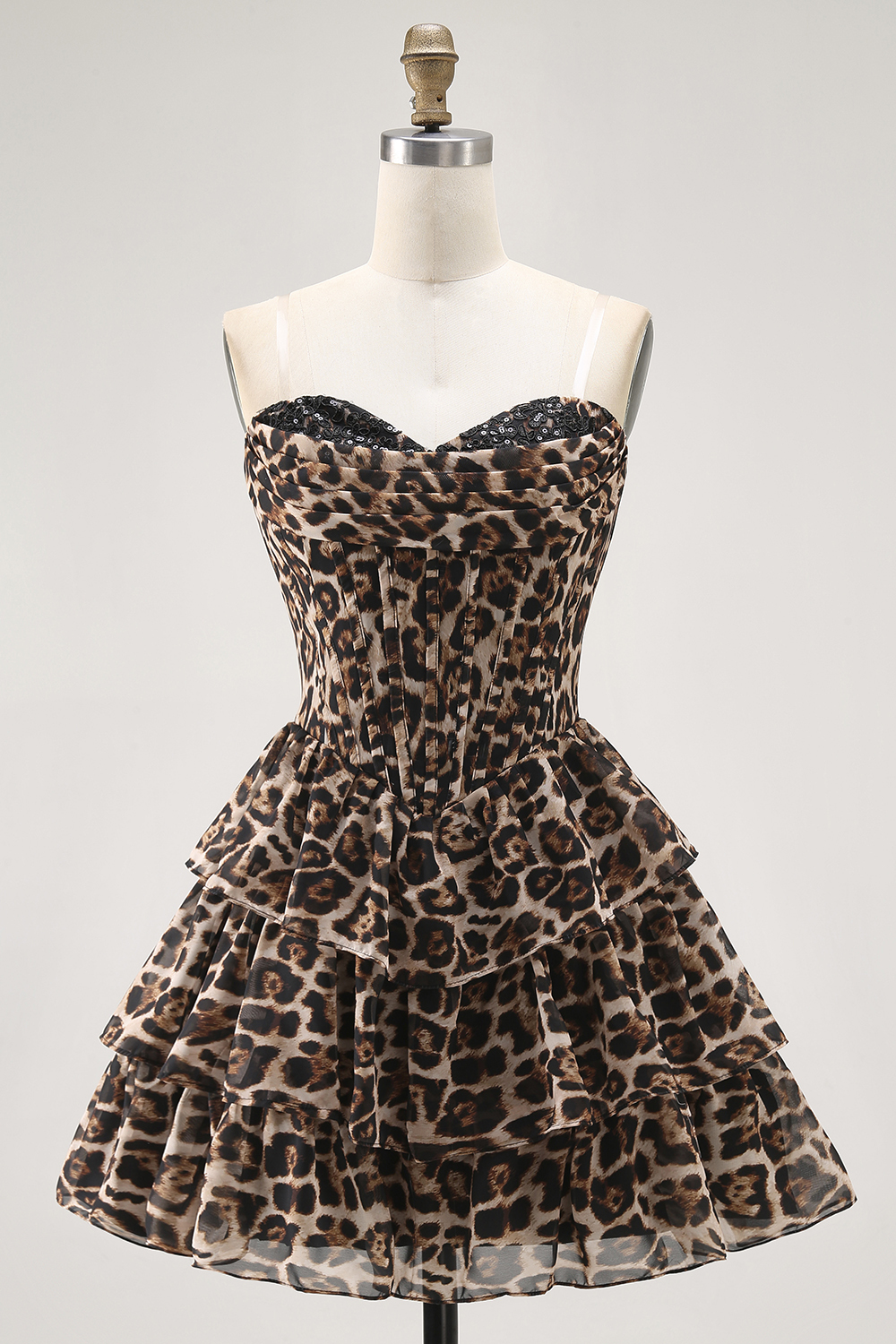 Brown Cheetah Print Tiered A Line Short Corset Cocktail Dress