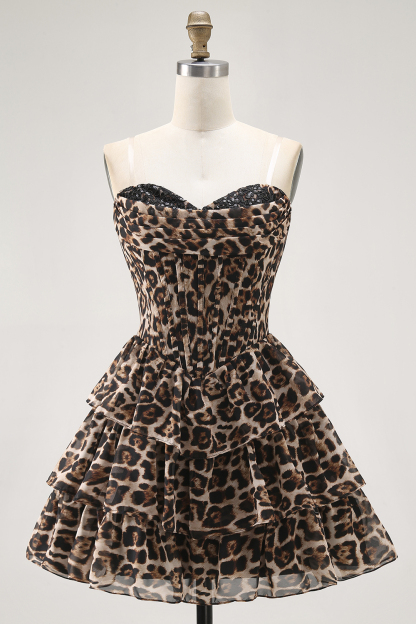 Brown Cheetah Print Tiered A Line Short Corset Cocktail Dress