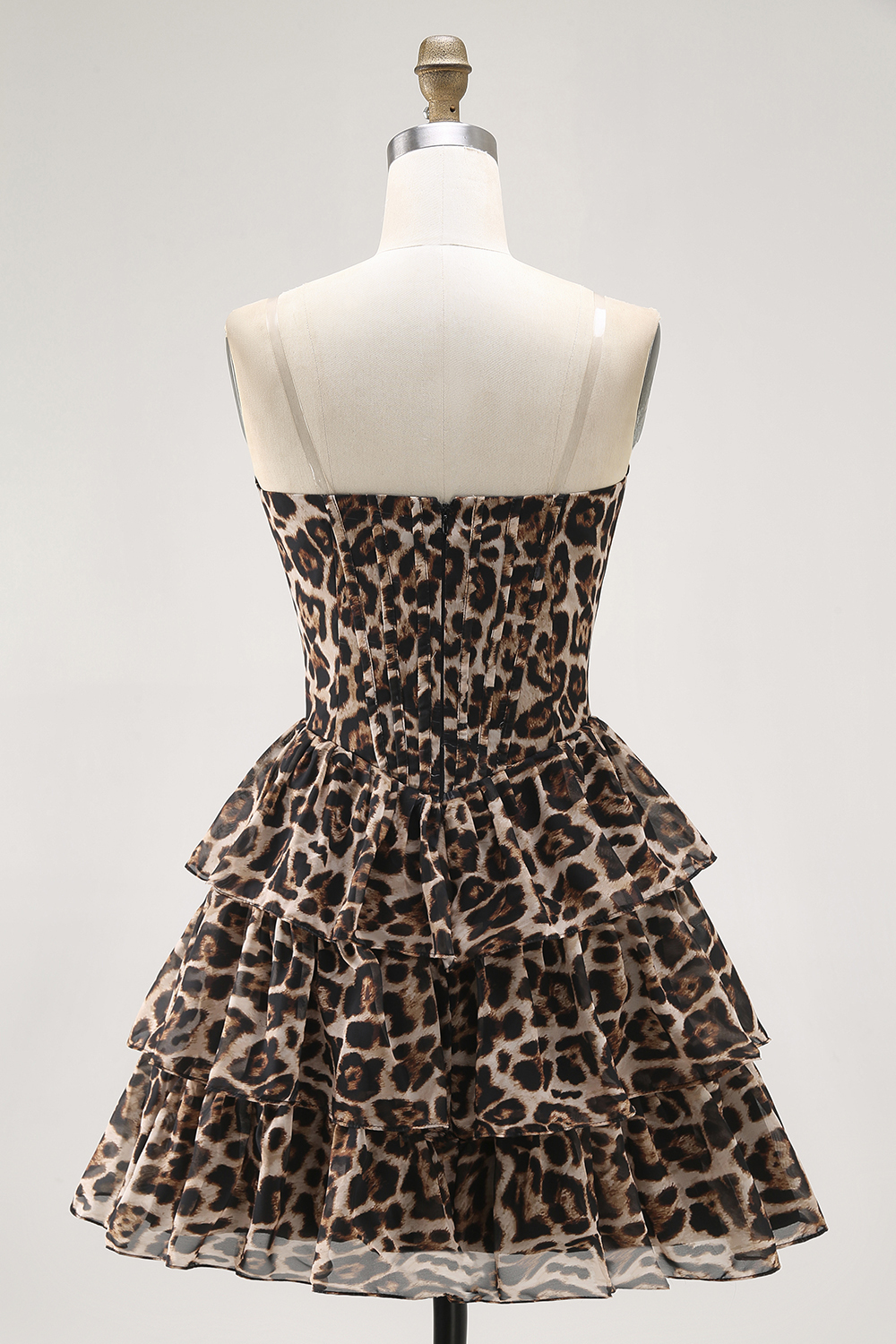 Brown Cheetah Print Tiered A Line Short Corset Cocktail Dress