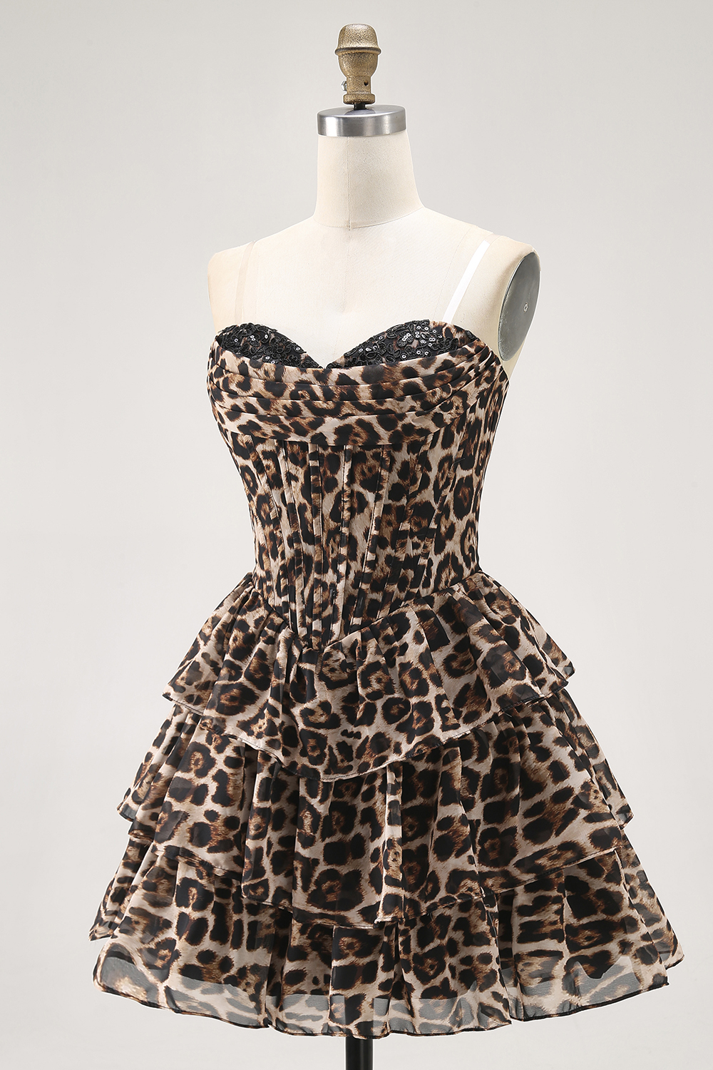 Brown Cheetah Print Tiered A Line Short Corset Cocktail Dress