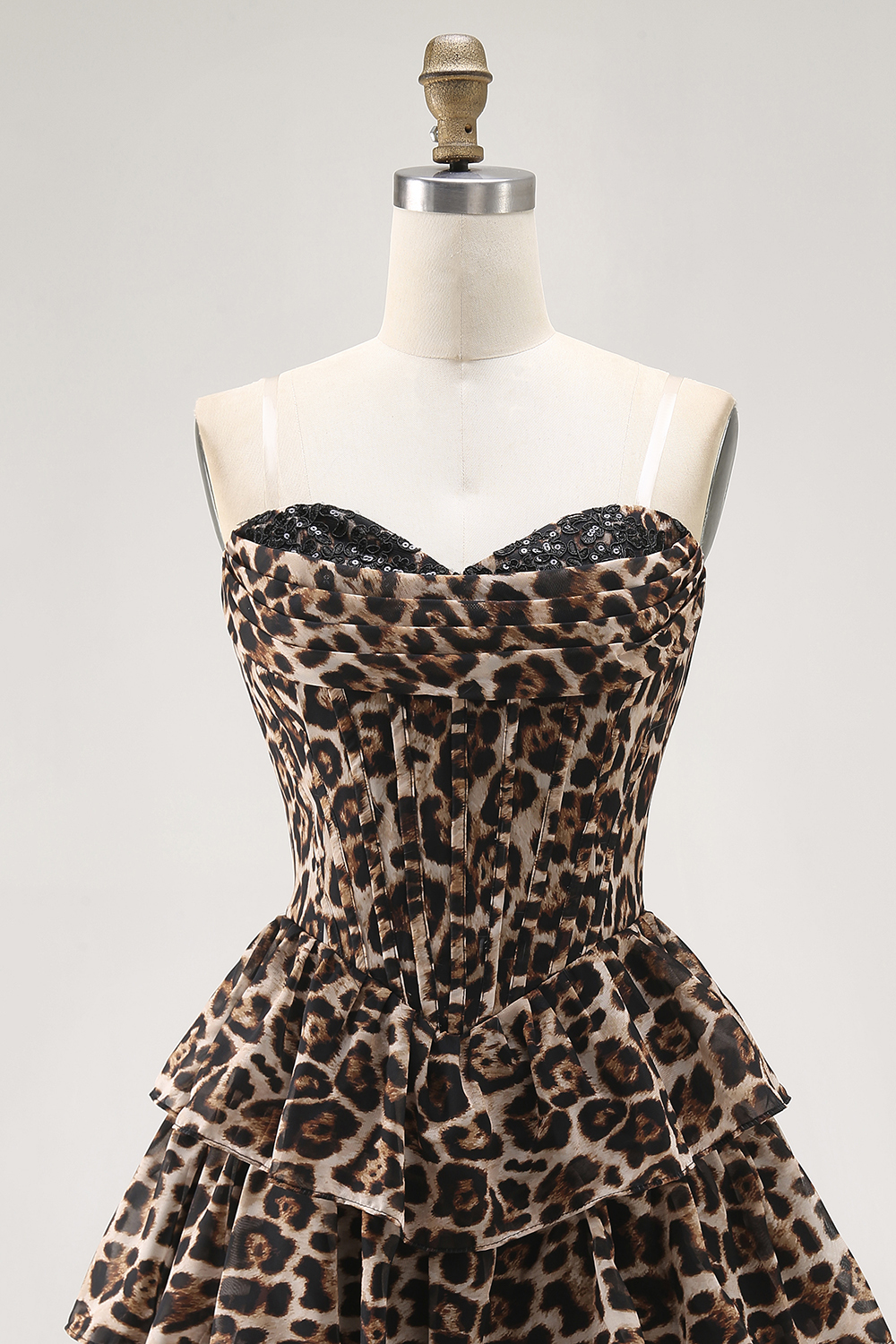 Brown Cheetah Print Tiered A Line Short Corset Cocktail Dress
