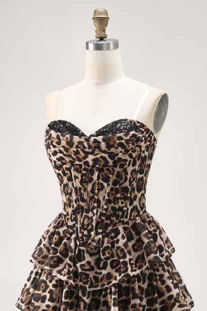 Brown Cheetah Print Tiered A Line Short Corset Cocktail Dress