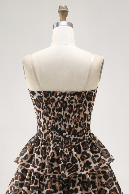 Brown Cheetah Print Tiered A Line Short Corset Cocktail Dress