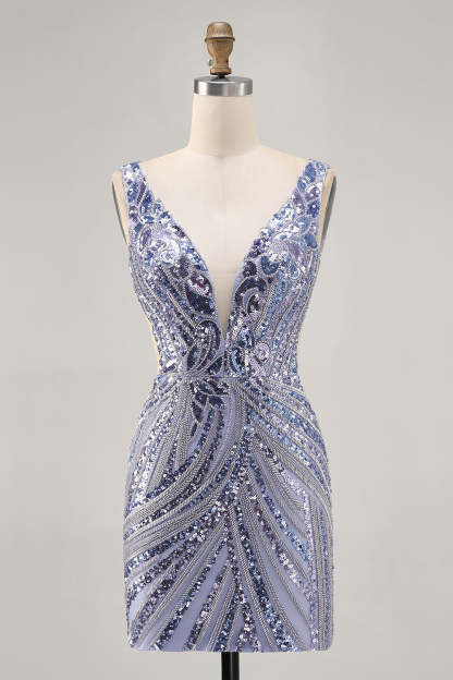 Sparkly Purple Sequins V Neck Short Corset Cocktail Dress