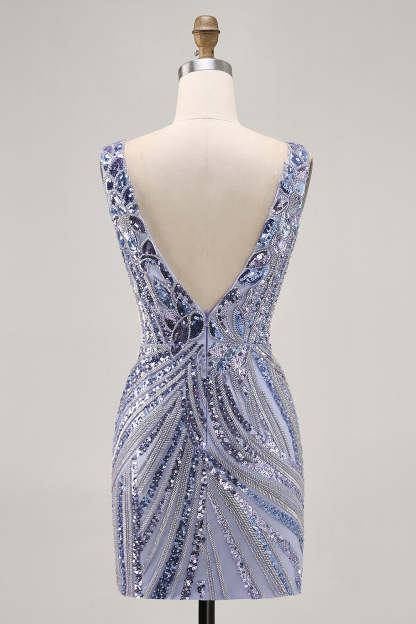 Sparkly Purple Sequins V Neck Short Corset Cocktail Dress