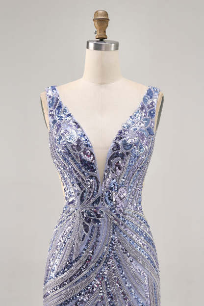 Sparkly Purple Sequins V Neck Short Corset Cocktail Dress