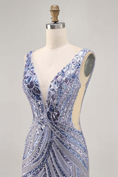 Sparkly Purple Sequins V Neck Short Corset Cocktail Dress