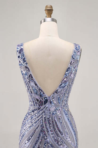 Sparkly Purple Sequins V Neck Short Corset Cocktail Dress